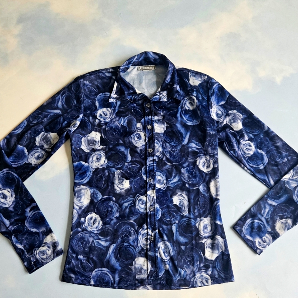 90s Vintage Blue Floral Shirt Womens Digital Floral Print